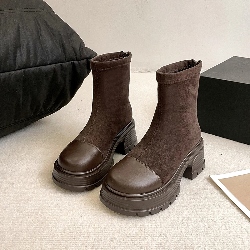 

Женские зимние ботинки на высоком каблуке с флисовой подкладкой и молнией, корейский стиль, новые короткие ботинки