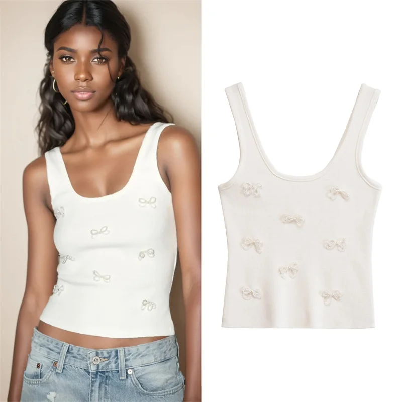 

Women's Vest 2025 New Faux Pearl and Rhinestone Bow Embellishment Top Summer casual women's vest