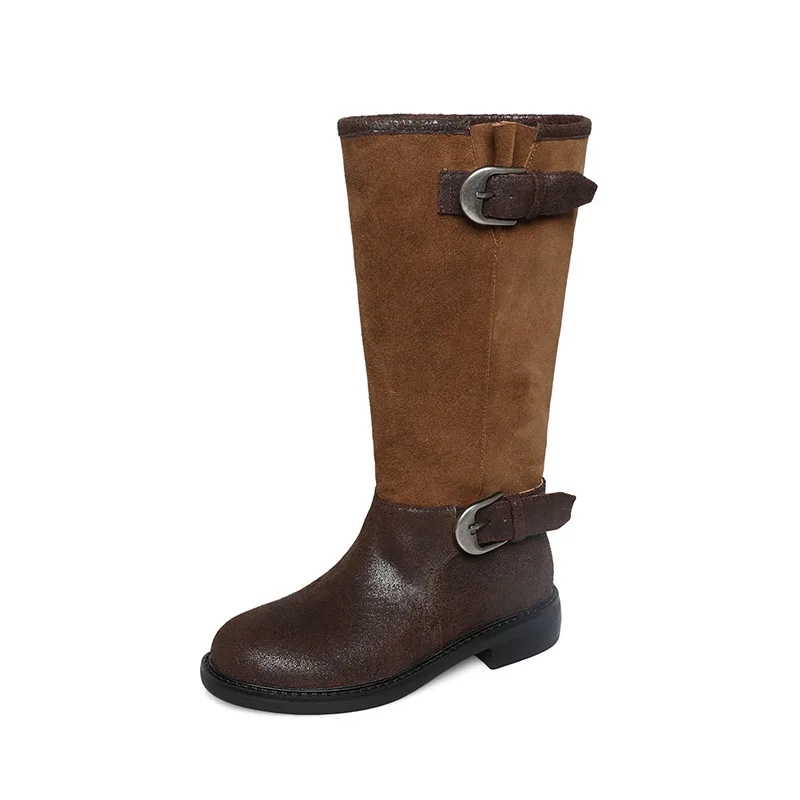Arden Furtado Autumn cowhide Mixed Colors Riding boots Round toe Pull-on Middle heel Knee high boots Belt buckle Women's Boots