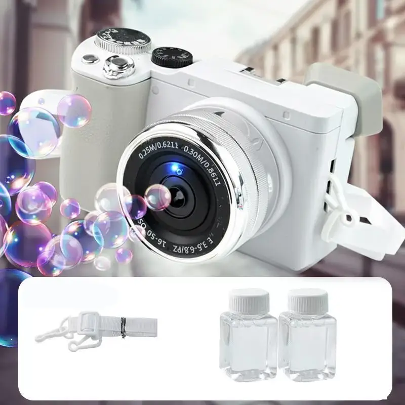 Automatic Camera Bubble Toy for Kids DSLR-Style Bubble Maker with Lights & Music Leak-Proof Includes 2 Bubble Solution, Strap