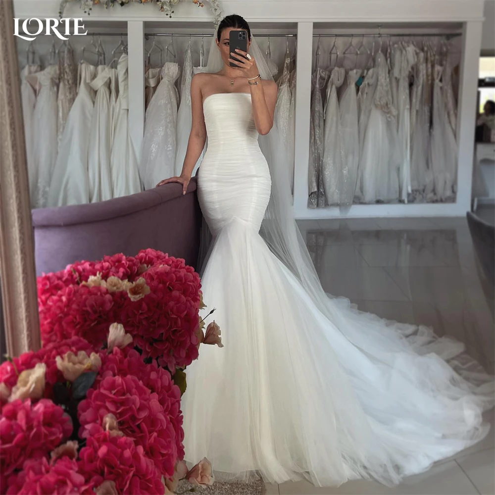 

LORIE Boho Tulle Mermaid Wedding Dresses Off Shoulder Backless Solid Bridal Gowns Strapless Princess Bride Dress Custom Color