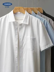 DUKEEN Solid Color Oxford Men's Shirt Short-Sleeve Summer Casual Basic Turndown Collar Pocket Tops White Formal Men's Clothing