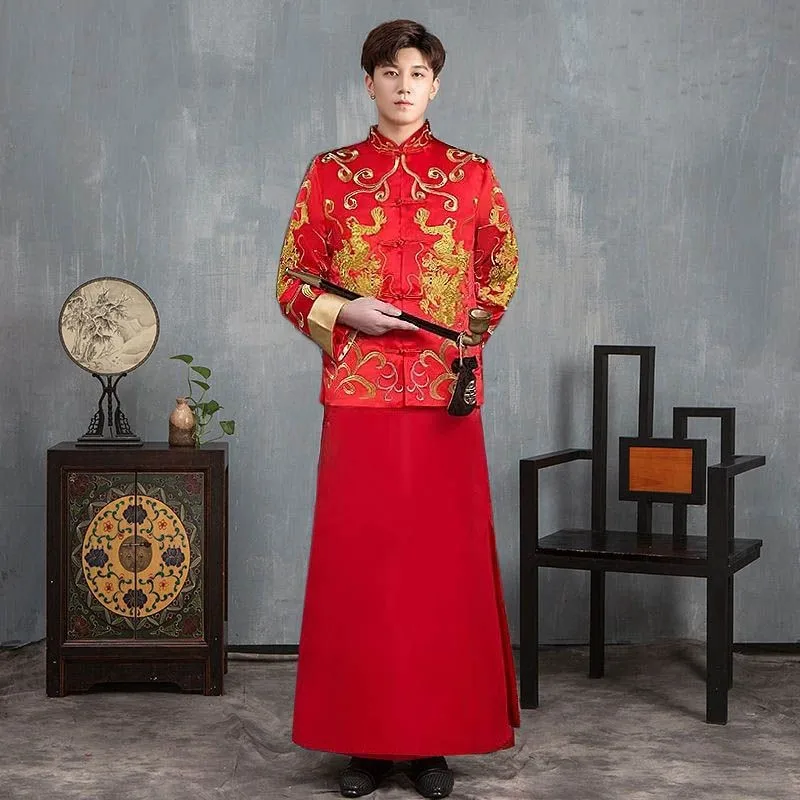 

The new men's groom's toasting dragon and phoenix is a retro-style Chinese-style clothing