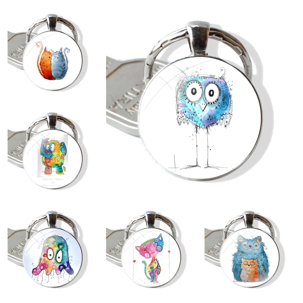 Keychain Handmade Glass Cabochon Key Ring Holder Pendant Key Chains Cartoon Cute Cat Chick Elephant Animals Drawings