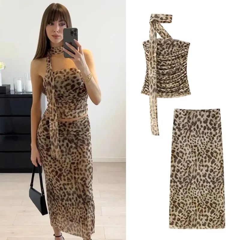 Women Vintage Leopard Printed Skirts Set Sexy Tulle Halter Off-Shoulder Slim Tube Top Female Fashion High Waist Pencil Skirts