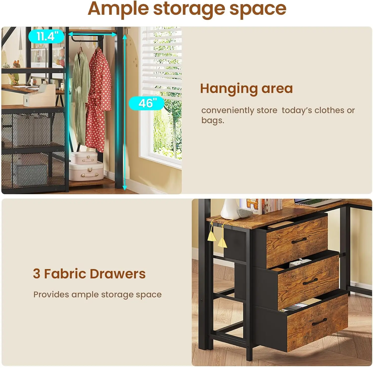 Itaar Stairway Twin Size Loft Bed with L Shaped Desk and Wardrobe, Metal Loft Bed Frame with Storage Stairs, 3 Fabric Drawers, L