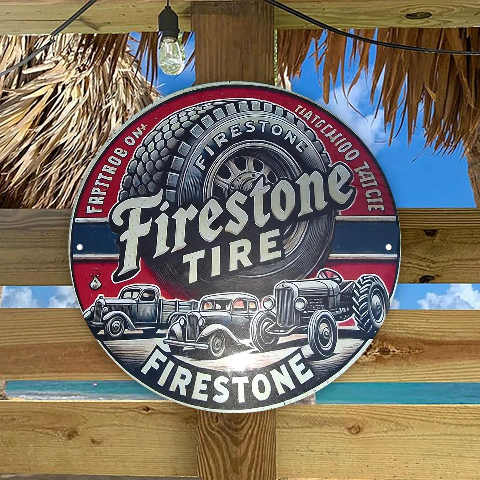 2D Flat - Vintage Firestone Tire Metal Wall Sign - 7.87x7.87 Inch Round Aluminum Plaque with Retro Truck Design, Perfect view 4