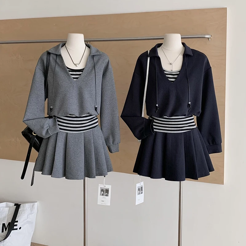 

Spring Autumn Korean Simple Fashionable Fake Two-piece Hoodie+elastic Waist Casual A-line Pleated Skirt Set Women S146