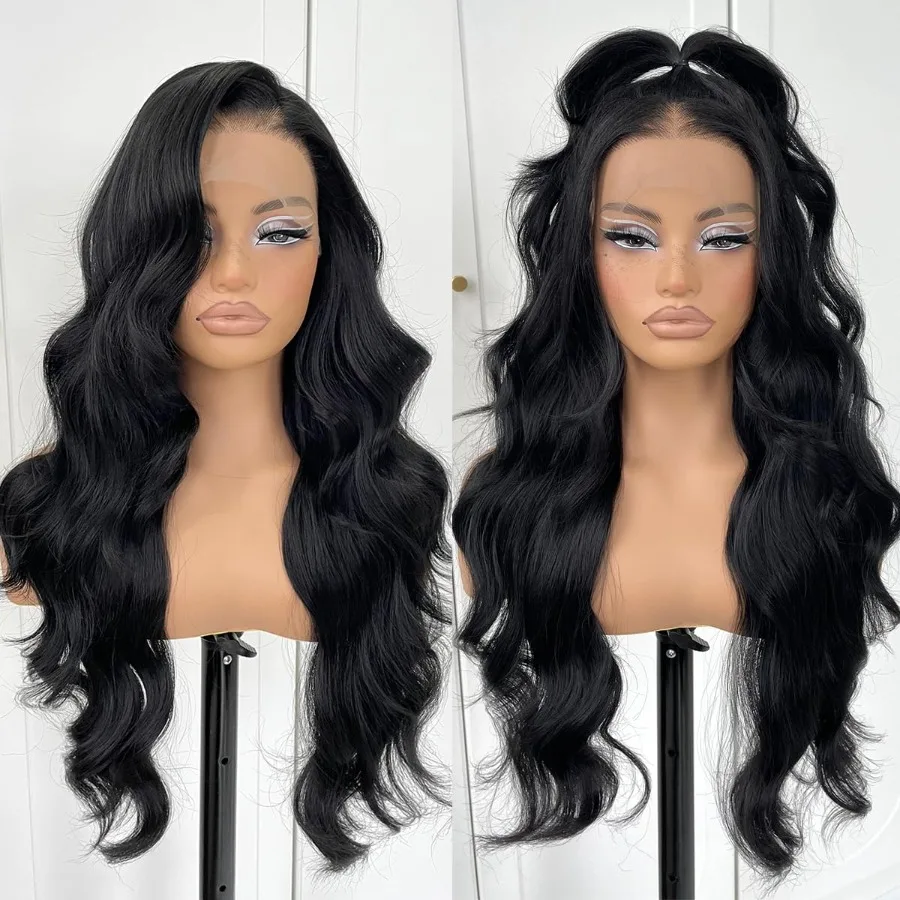 13x6 leimlose Lace-Front-Perücke, vorgezupft, synthetische lange gewellte HD-Lace-Front-Perücke, schwarze gewellte Perücke mit natürlichem Haaransatz für Dai