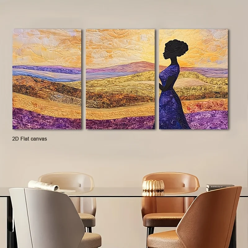 Frameless Canvas [2D Flat] Set Of 3 Quilted Silhouette Wall Art Pieces On A Flat Canvas Featuring A Sunset Terrain Design, R