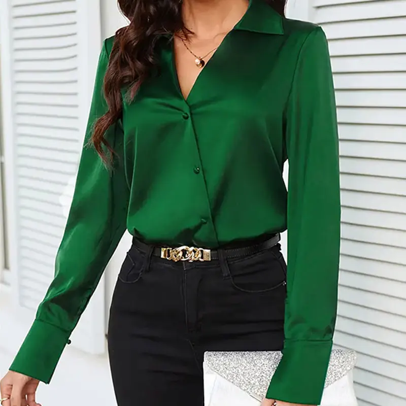 New Long-Sleeved Satin Shirt Femininity Advanced Sense Light Luxury 2024 Spring/Summer Slim Retro Ins Tops Like Silk Green Solid