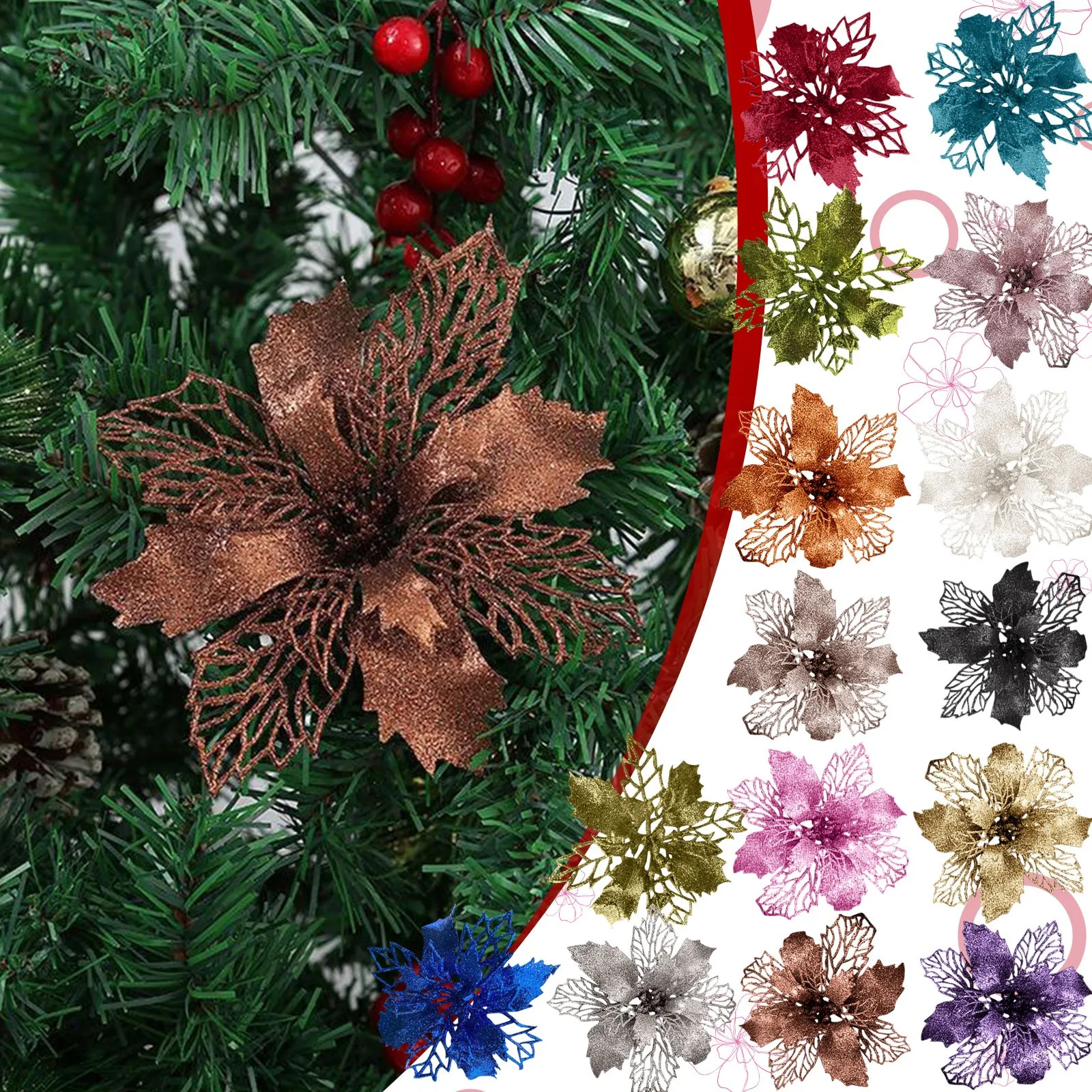 Christmas Glitter Poinsettia Flowers 6.3 inches Artificial Flowers Christmas Tree Ornaments for Xmas Tree Wedding Party New Year