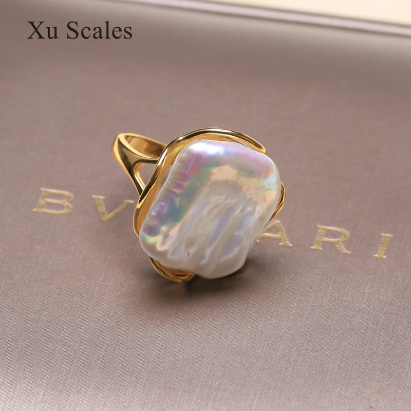 Natural FreshWater 14-20mm Baroque Square Pearl Vintage Ring 14K gold filled Simple Classic Women\'s Jewelry Adjustable Size Gift