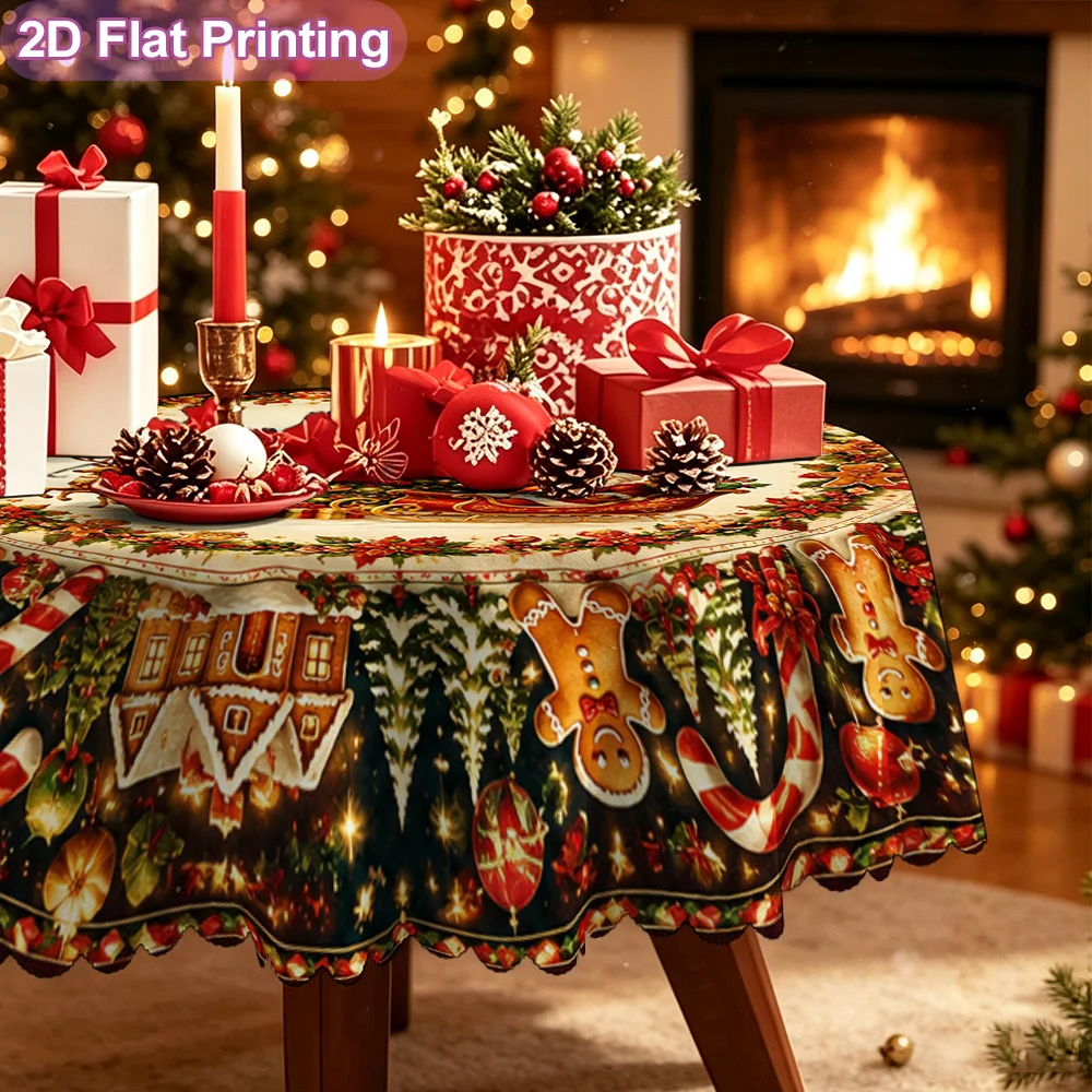 Santa Claus Sleigh Christmas Tree Gingerbread Pendant Printed Tablecloth