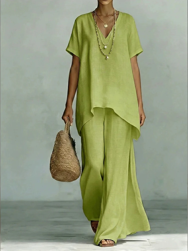 

Sexy V-neck Pullover Top & Wide Leg Pants Set Casual Short Sleeve Cotton Linen Outfits Women Elegant Simple Loose Solid 2Pc Suit