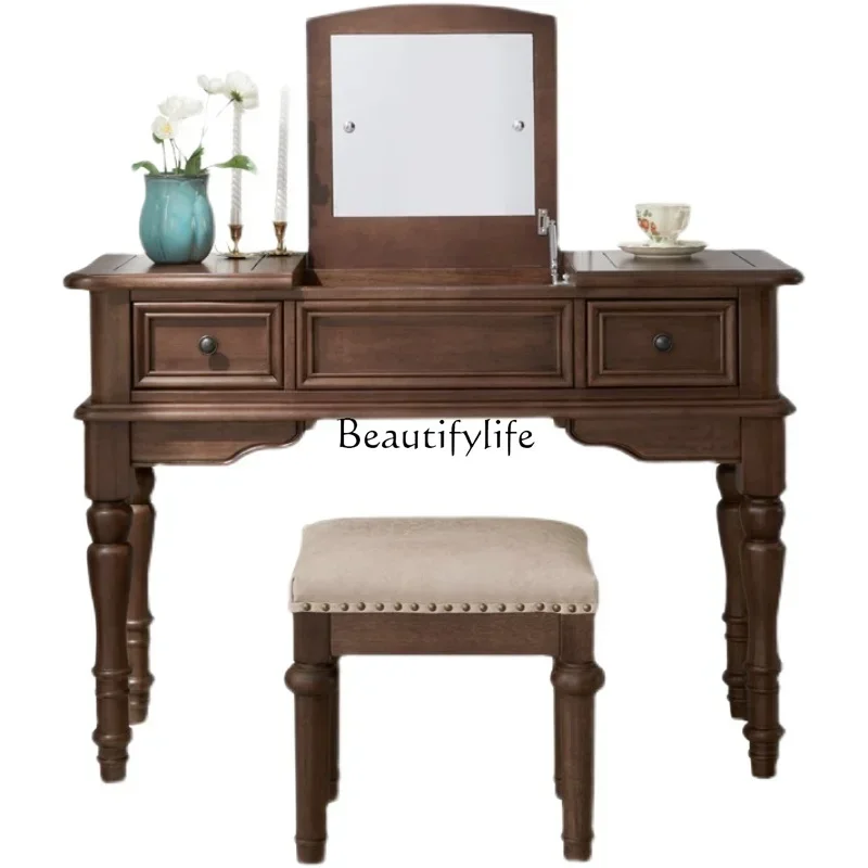 

LJYAmerican Style Solid Wood Dressing Table Vintage Nostalgic Makeup Table Modern Simple Flip Cover Makeup Table and Chair Set