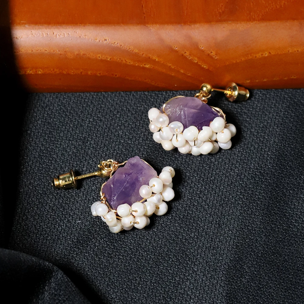 Natural Freshwater Pearl Amethyst Edging Earrings Korean Style Women Luxury Jewelry Fashion Ladies and Girls Gift GE1589