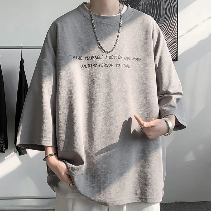 2023 Summer Y2K High Street 3/4 Sleeve T-Shirts Man Round Neck Printing Oversize Tops New Loose Personality Hip Hop Streetwear