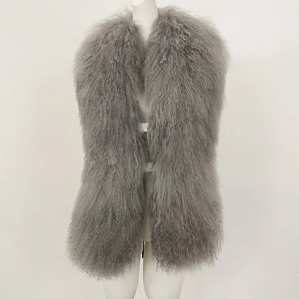 Women Outerwear Coat Solid Deep V-Neck Backless Bandage Sleeveless Jackets Fluffy Luxury Real Mongolian Fur Halter Vests