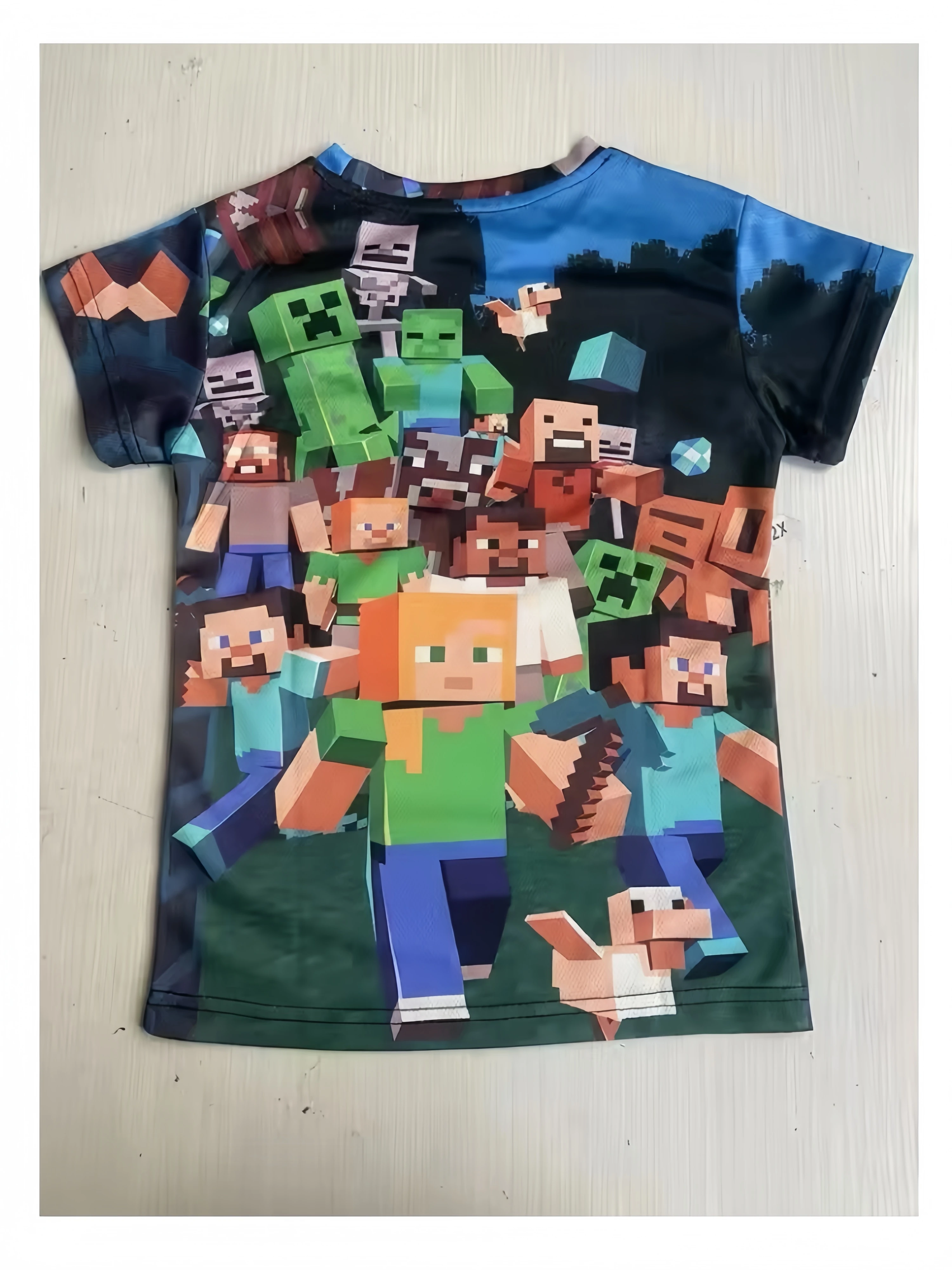 Uniqlo-T-shirt imprimé Minecraft 3D pour garçons et filles, décontracté, estival, mignon, bâtiment, nuits, dessin animé, haut populaire à l'intérieur et à l'extérieur