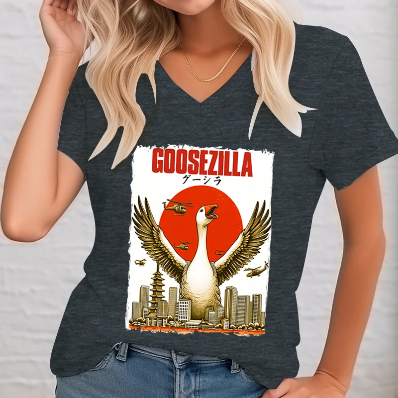 Vintage Funny Goose T-shirt V-neck Women's Clothing  Funny Movie Graphic T Shirts Women Animals Printed Fashion Casual T-shirts