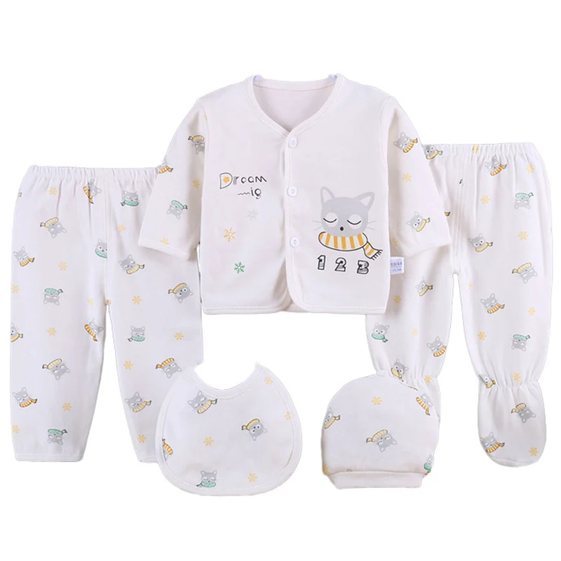 

5Piece Spring Girls Clothes Boys Outfit Set Cartoon Cute Cotton Print Tops+Pants+Hat+Bibs Baby Stuff Newborn Hospital Set BC1825