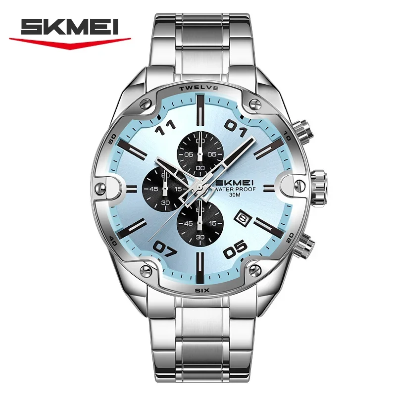 Skmei 9387 Quartz Watches Military Business Mens Steel Strap Big Dial Male Quartz Wristwatch Clock Stopwatch Relogio Masculino