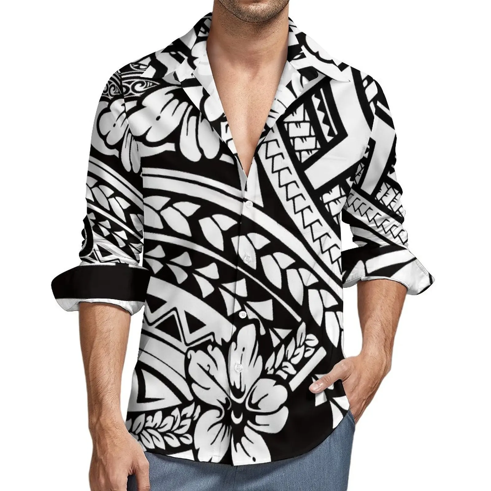 

High Quality Men'S Shirt Casual Loose Fashion Men'S Lapel Long Sleeve Shirt Polynesian Tribal Ethnic Print Design Custom