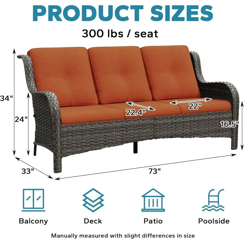 3-Seater Outdoor Patio Couch with Wicker Soa, Deep Seating and Olein Cushions in Mixed Grey/Orange