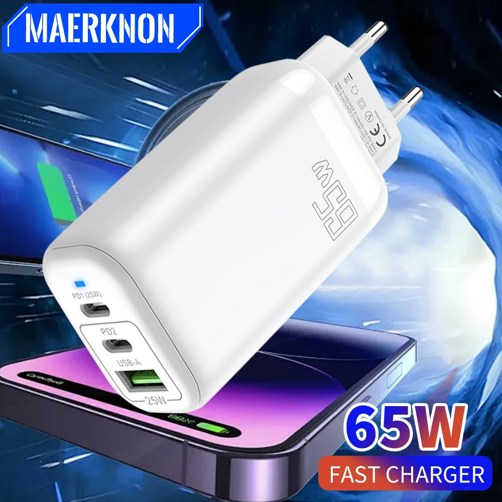 65W 3 Ports USB Charger PD Type C Fast Charging Phone Charger Adapter For iPhone Samsung Xiaomi Huawei EU/US Plug Wall Charger