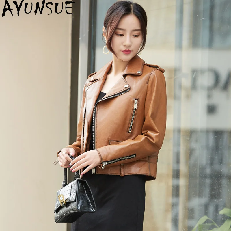 AYUNSUE Echtes Leder Motorrad Jacke Echtes Schaffell Damen Mäntel 2025, Herbst Frauen Kleidung Neu in Mäntel Jaqueta De Couro