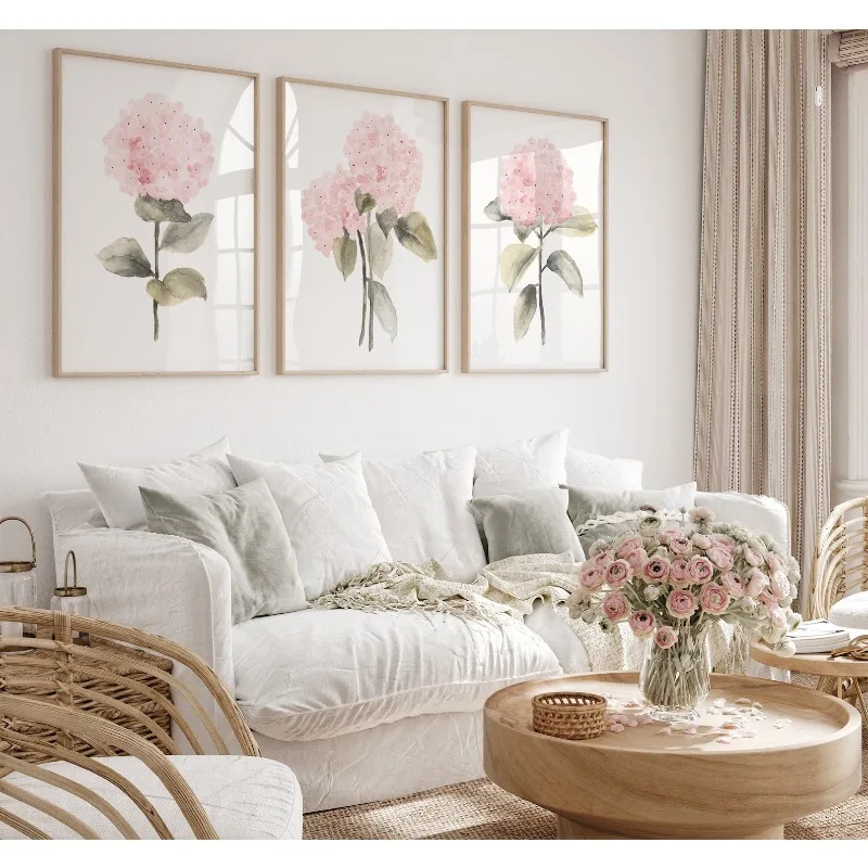 3PC frameless Boho Blush Pink Hydrangea Prints Set of 3 Botanical Wall Art Feminine Nursery Decor  Canvas Art Wall Decoration Po
