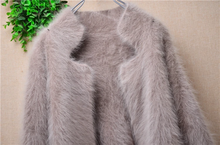 Ladies Women Autumn Winter Clothing Fashion Hairy Mink Cashmere Knitted Suit Collar Loose Cardigans Sweater Angora Jacket Mantle