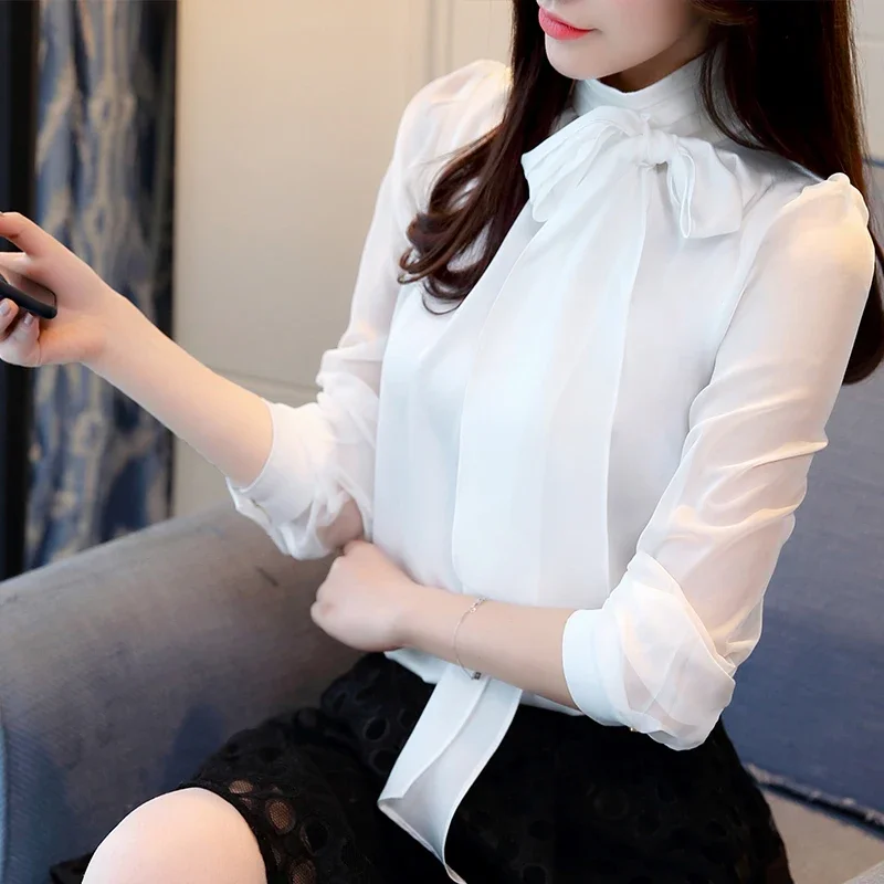 Fashion Solid Color Hollow Women Clothing Elegant Long Sleeve Tie Bow Chiffon Blouse Spring Stand Collar Formal Shirt 0599 30