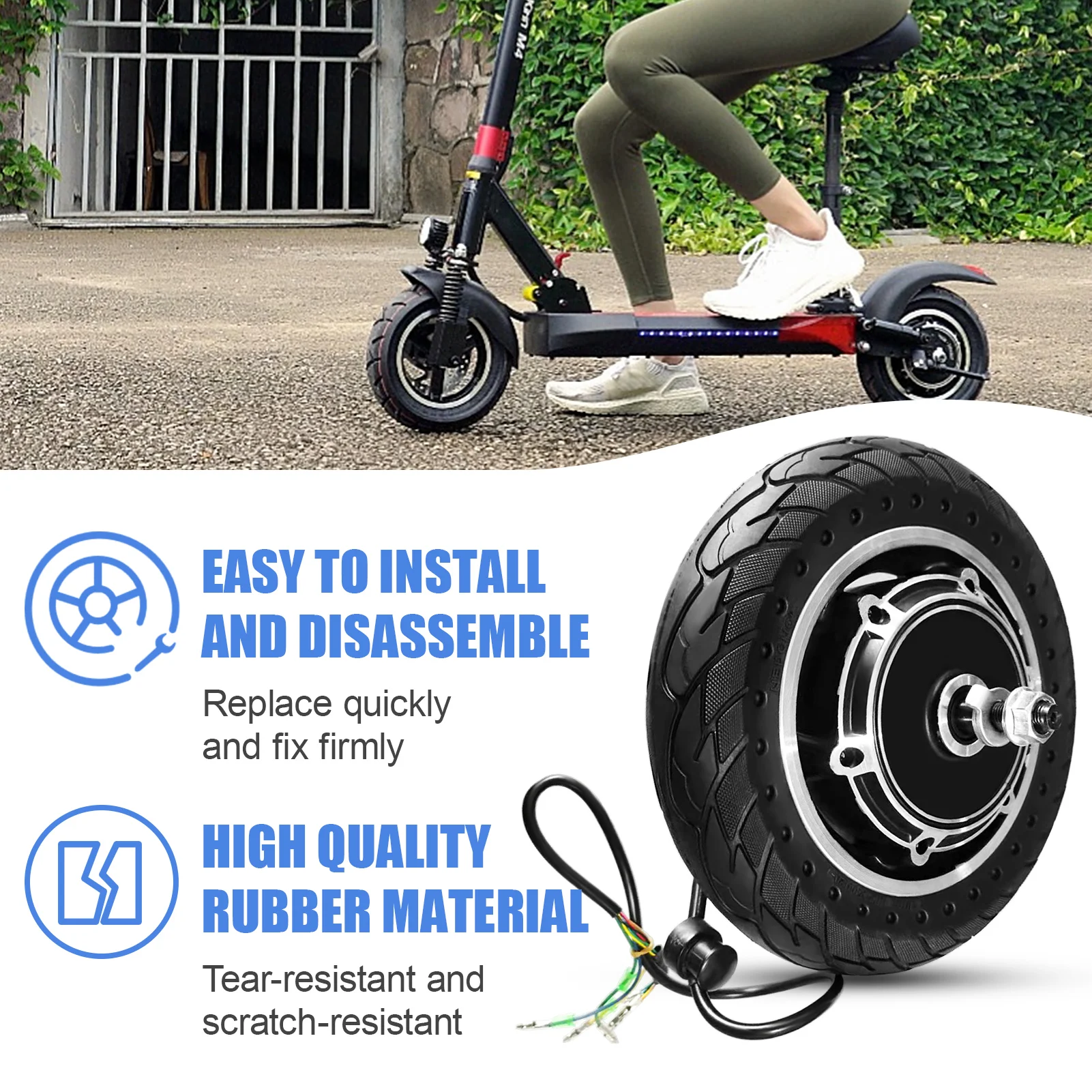 10\'\' Electric Scooter Front Tire with Hub Motor Solid E-Bike Wheel 48V 500W Brushless Dis Brake Hub Motor for KUGOO M4/M4 PRO