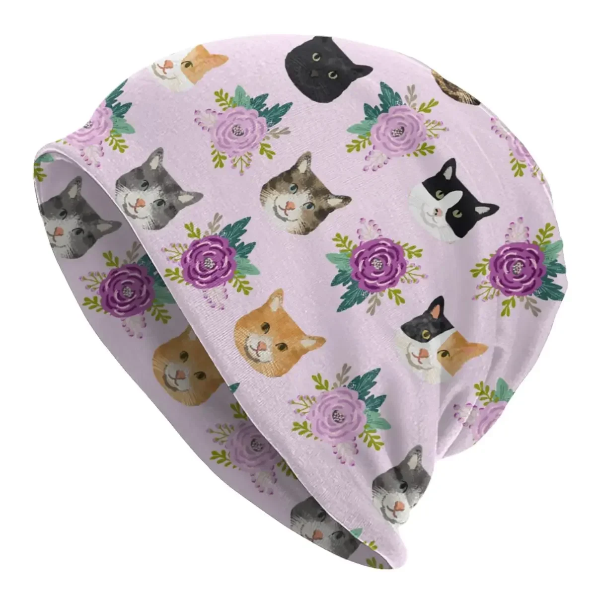 Cat Faces Lavender Florals Skullies Beanies Hat Animal Spring Unisex Street Cap Warm Head Wrap Bonnet Knitting Hats