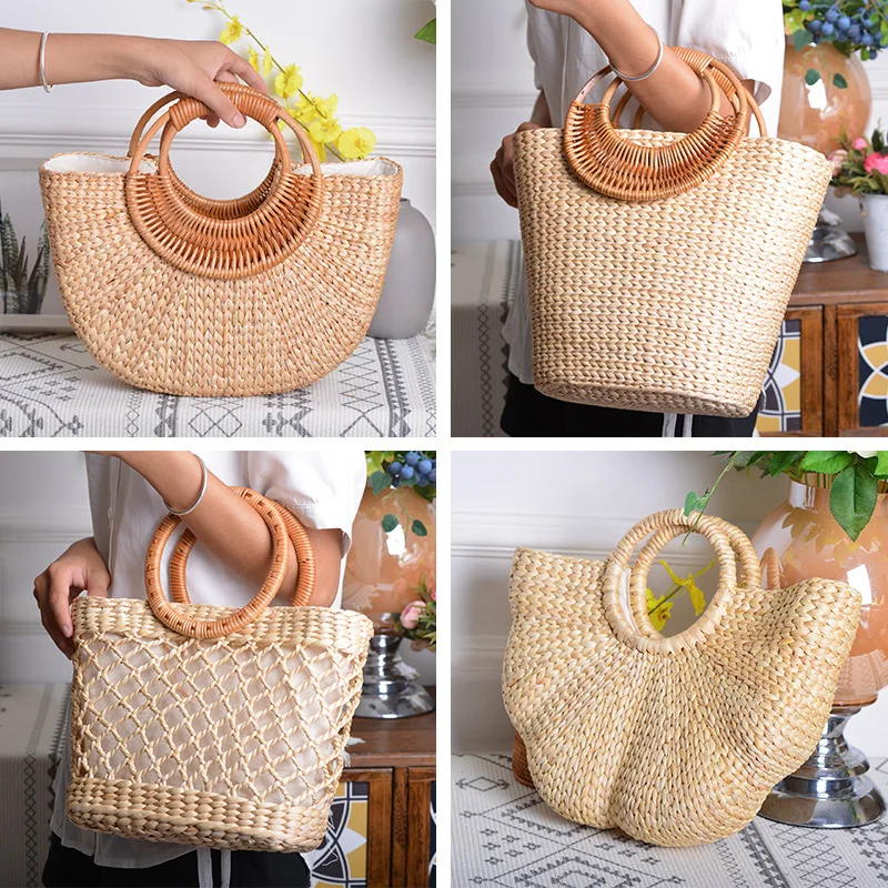 Khaki Handmade Straw Tote Bag Large Capacity Rattan Handbag Seaside Vacation Top-handle Bags No Zipper Bags Photo Decoration Bag