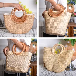 Borsa Tote in paglia fatta a mano kaki borsa in Rattan di grande capacità borse con manico superiore per le vacanze al mare senza borse con cerniera borsa per la decorazione della foto