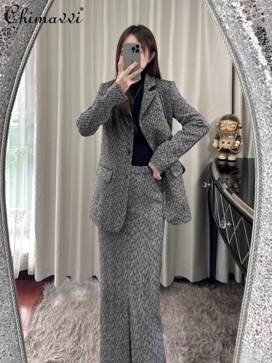 OL High-end Socialite Gray Tweed Herringbone Lapel Slim Suit Jacket Skirt 2-piece 2025 Spring and Autumn New Fashion Outfits