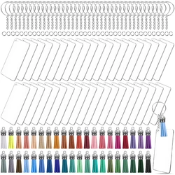 120/160Pcs Acrylic Keychain Blanks Tassel Charms Set Including Rectangle Clear Acrylic Ornaments Blank Key Rings for DIY Craft