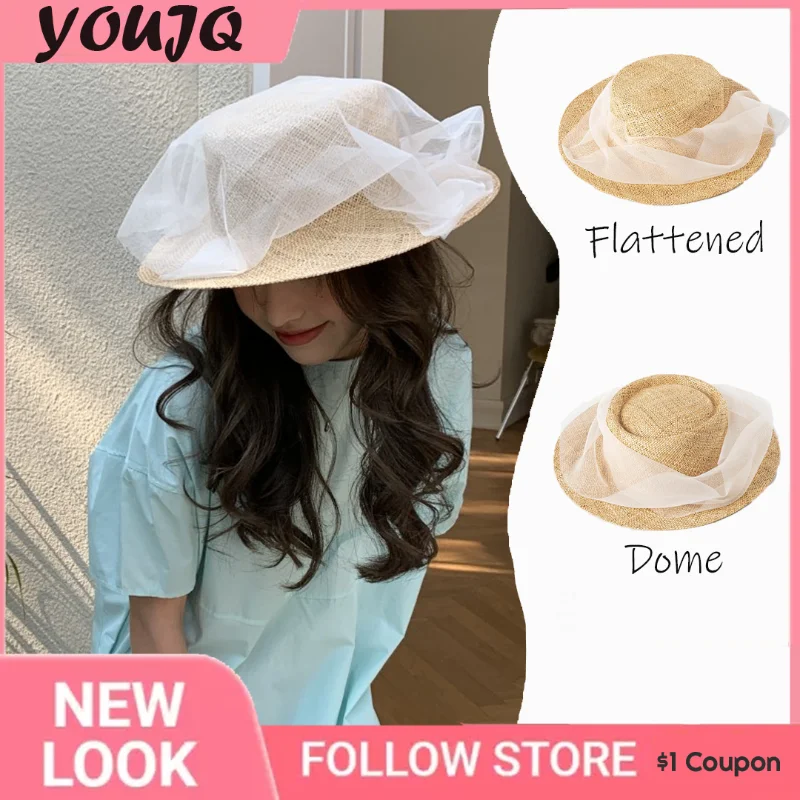 

Fashion Fairy Mesh Straw Hat Vintage Elegant Top Hat Sunscreen Shading Premium Women's Beach Straw Hat