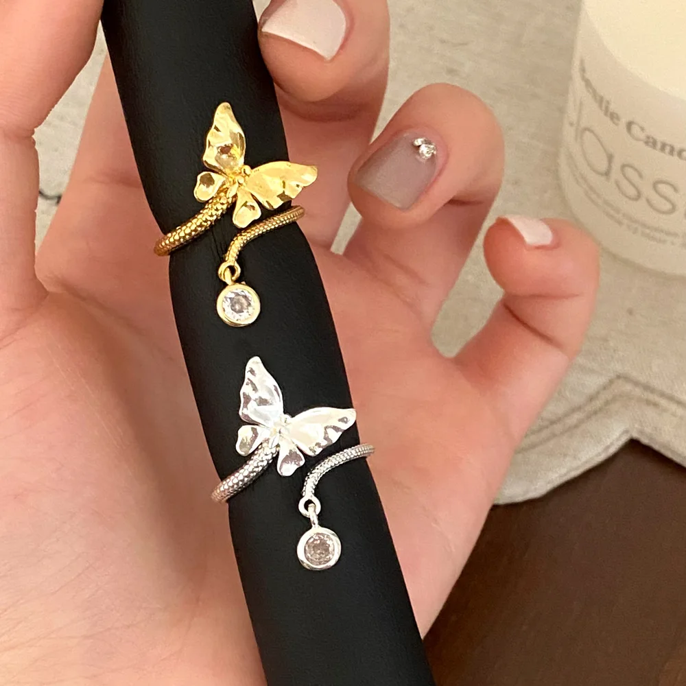 

Copper Plated Real Gold Butterfly Rings for Women Minimalist Zircon Pendant Adjustable Opening Rings Fine Jewelry Accessories