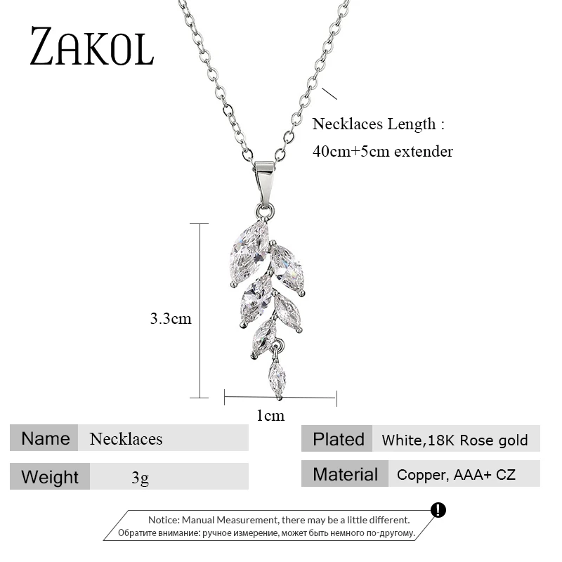 ZAKOL Fashion Cubic Zircon Leaf Shape Link Chain Pendant Necklaces for Women Shinny Crystal Wedding Anniversary Jewelry NP2205