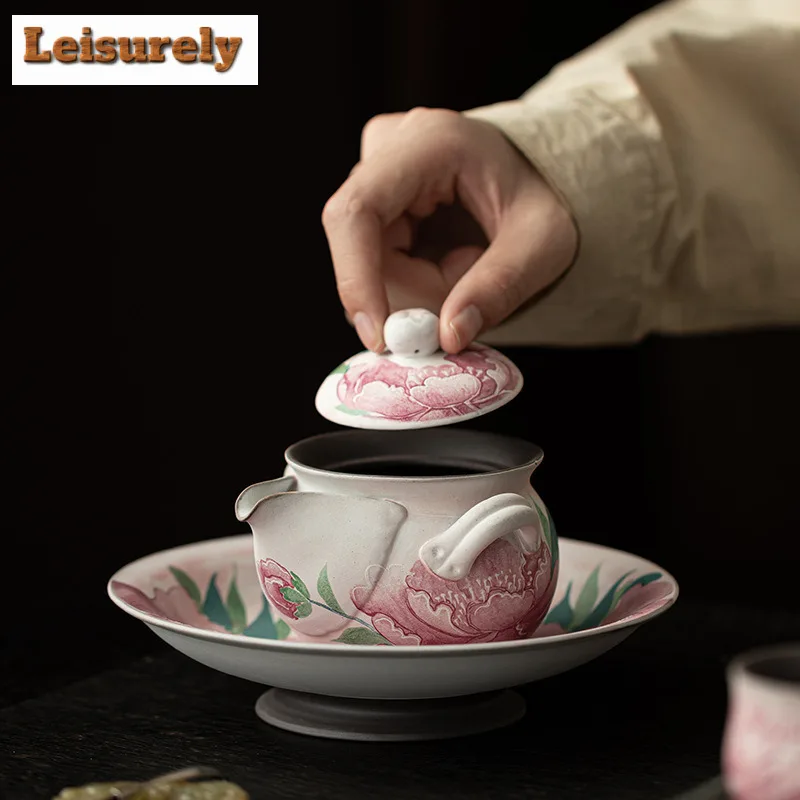 200ml Old Rock Clay Light Makeup Peony Handheld Teapot Antique Tea Infuser Pot Tea Soaking Kettle with Strainer Teaware Craft