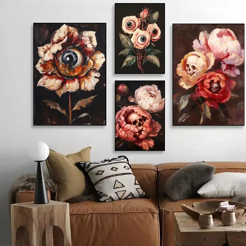 Surreal Skull Flower Gothic Plant Floral Eyeball Rose Poster Self-adhesive DIY Room Home Living Room Club Wall Decor Gift