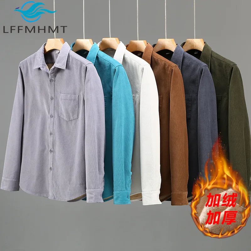 2325 Autumn Winter Men's 100% Cotton Corduroy Fleece Lined Warm Shirt Thickened Cotton Striped Texture Slim Fit Casual Tops Male