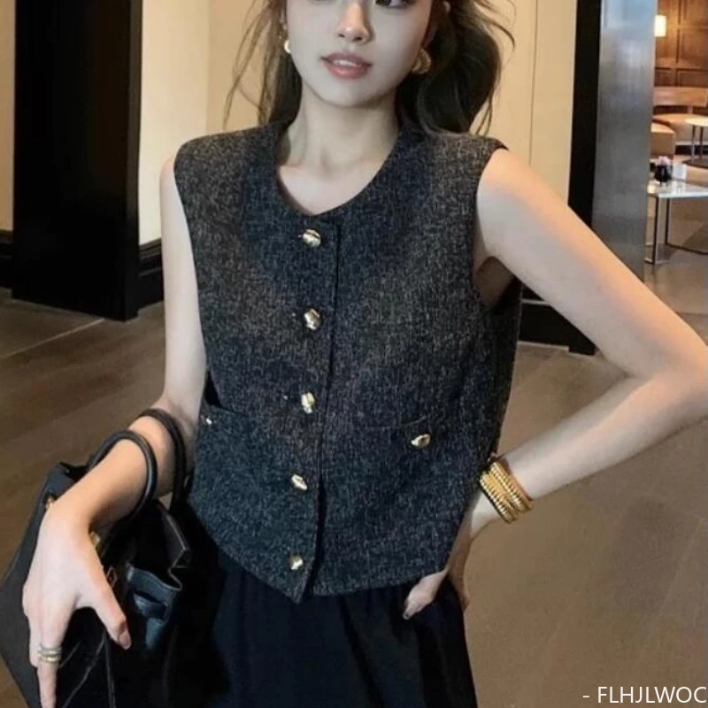 Hot Sales Chic Korea Design Korea Style High Street Women Fashion Cute Elegant Office Lady Button Short Coats Sleeveless Jackets