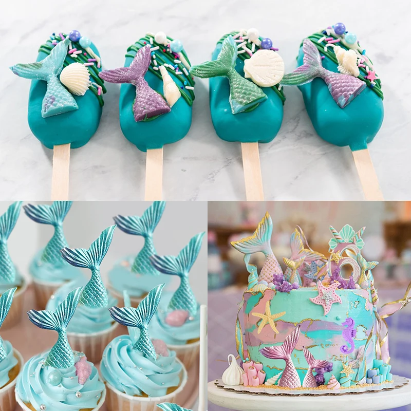 Molde de silicona con tema de sirena para decoración de pasteles, cola de sirena, estrella de mar, Chocolate, Fondant, niños, fiesta de cumpleaños