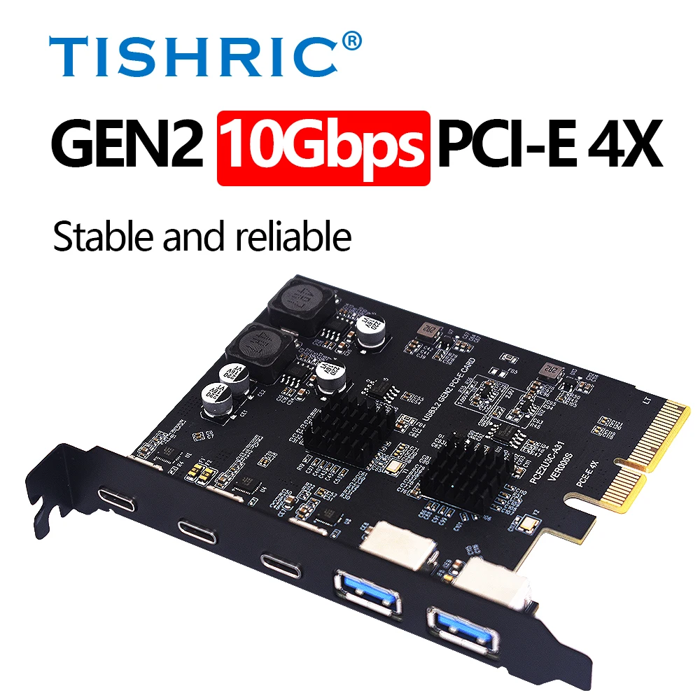 

Адаптер TISHRIC PCIe 4X to 3xType-C+2xUSB 3.2 Gen2-10 Гбит/с с чипом ASM3142, совместимый с PCIe 1X/4X/8X/16