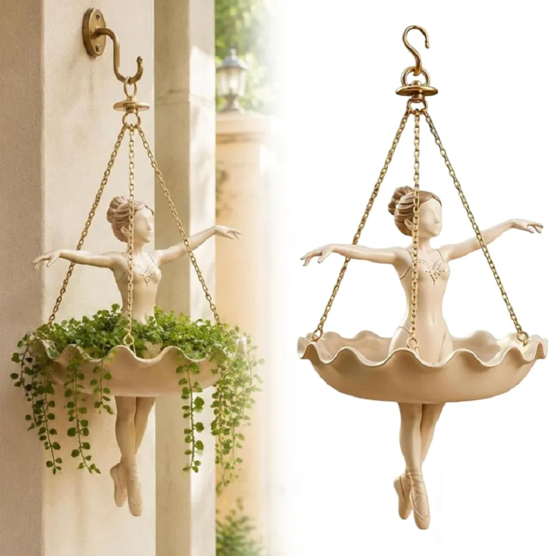 Ballet Dancer Hanging Planter Resin Flower Pot with Chains Creative Hanging Plant Holder Home Garden Window Decoration Gift
